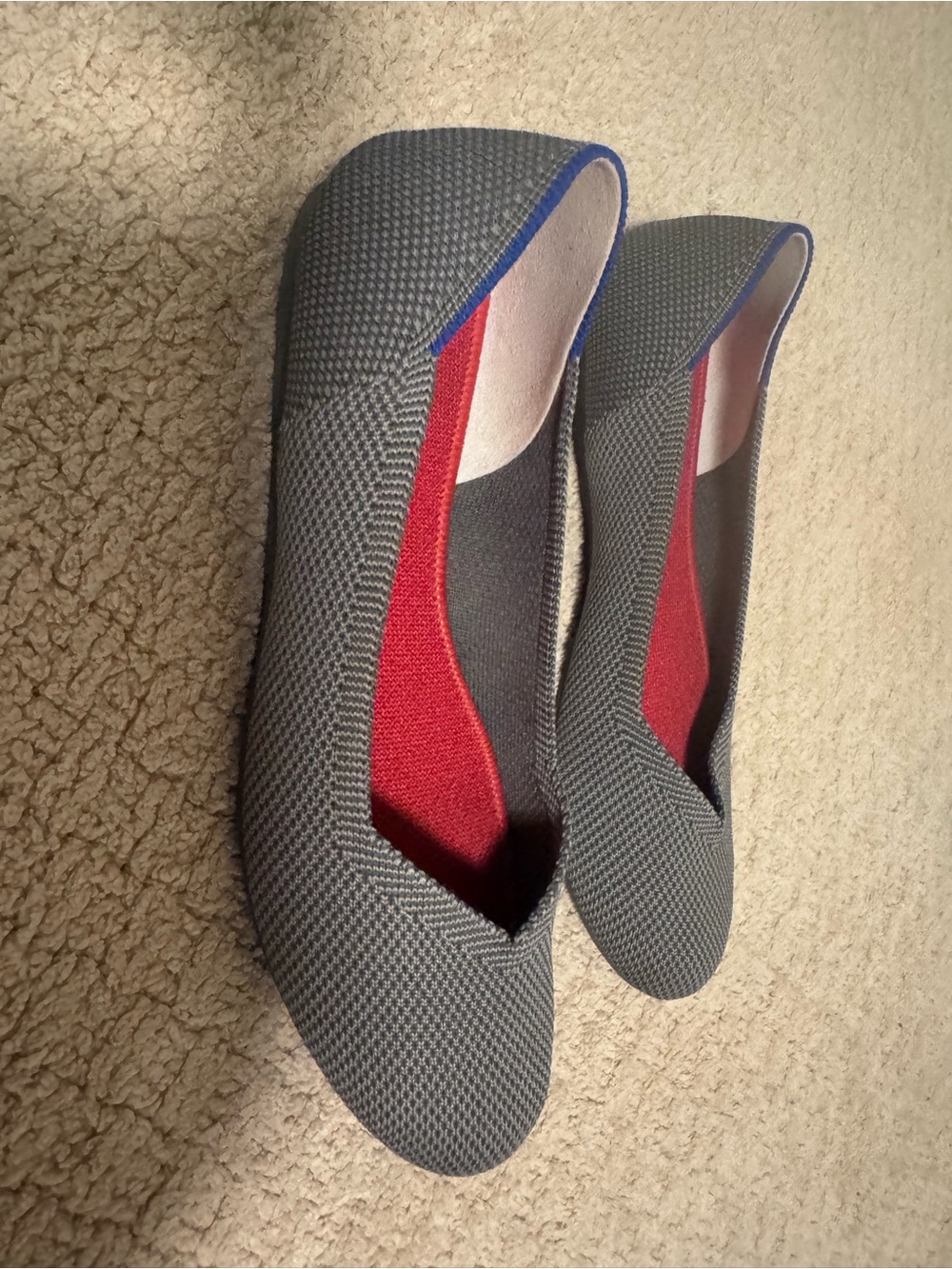Rothy's Gray Knit Ballet Flats with Red Insole and Blue Trim